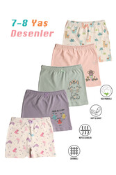 Özkan 41602 5'li Paket Kız Çocuk Karışık Renkli Desenli Pamuklu Yumuşak Rahat Şort Boxer - Thumbnail