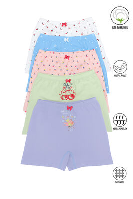 Özkan Underwear - Özkan 41602 5'li Paket Kız Çocuk Karışık Renkli Desenli Pamuklu Yumuşak Rahat Şort Boxer