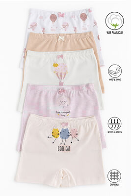 Özkan Underwear - Özkan 41602 5'li Paket Kız Çocuk Karışık Renkli Desenli Pamuklu Yumuşak Rahat Şort Boxer