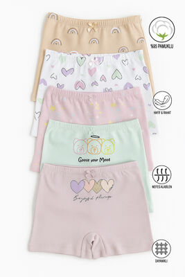 Özkan Underwear - Özkan 41602 5'li Paket Kız Çocuk Karışık Renkli Desenli Pamuklu Yumuşak Rahat Şort Boxer (1)