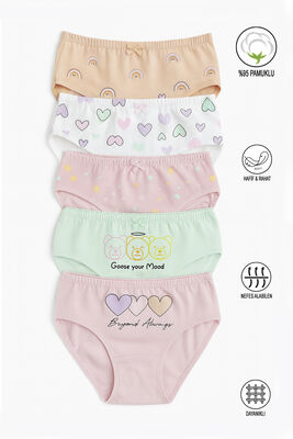 Özkan Underwear - Özkan 41603 5'li Paket Kız Çocuk Karışık Renkli Desenli Pamuklu Yumuşak Slip Külot