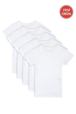 Özkan Underwear - Özkan 42780 5'li Paket Kız Çocuk Transferli %100 Pamuklu Ribana Esnek Rahat Kısa Kollu Fanila Atlet Tişört