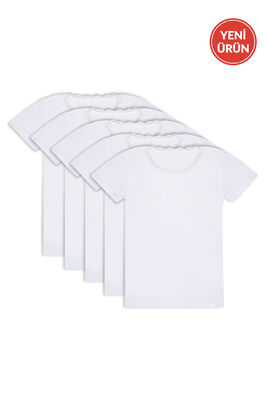 Özkan Underwear - Özkan 42781 5'li Paket Kız Çocuk Pamuklu Süprem Yakası Dantel Detaylı Esnek Rahat Kısa Kollu Atlet Fanila Tişört