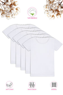 Özkan Underwear - Özkan 42781 5'li Paket Kız Çocuk %95 Pamuklu Süprem Yakası Dantel Detaylı Esnek Rahat Kısa Kollu Atlet Fanila Tişört