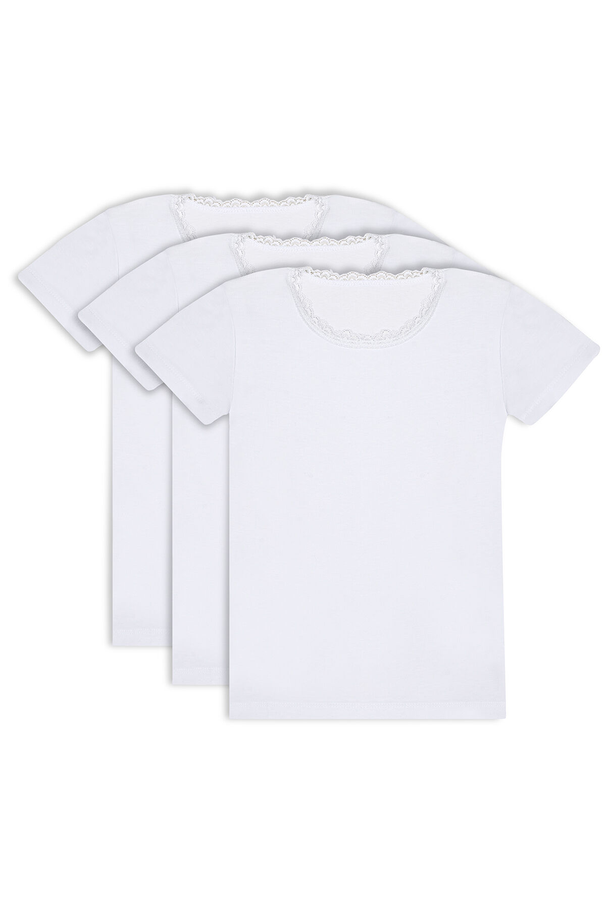 Özkan 42781 3'lü Paket Kız Çocuk Pamuklu Süprem Yakası Dantel Detaylı Esnek Rahat Kısa Kollu Atlet Fanila Tişört