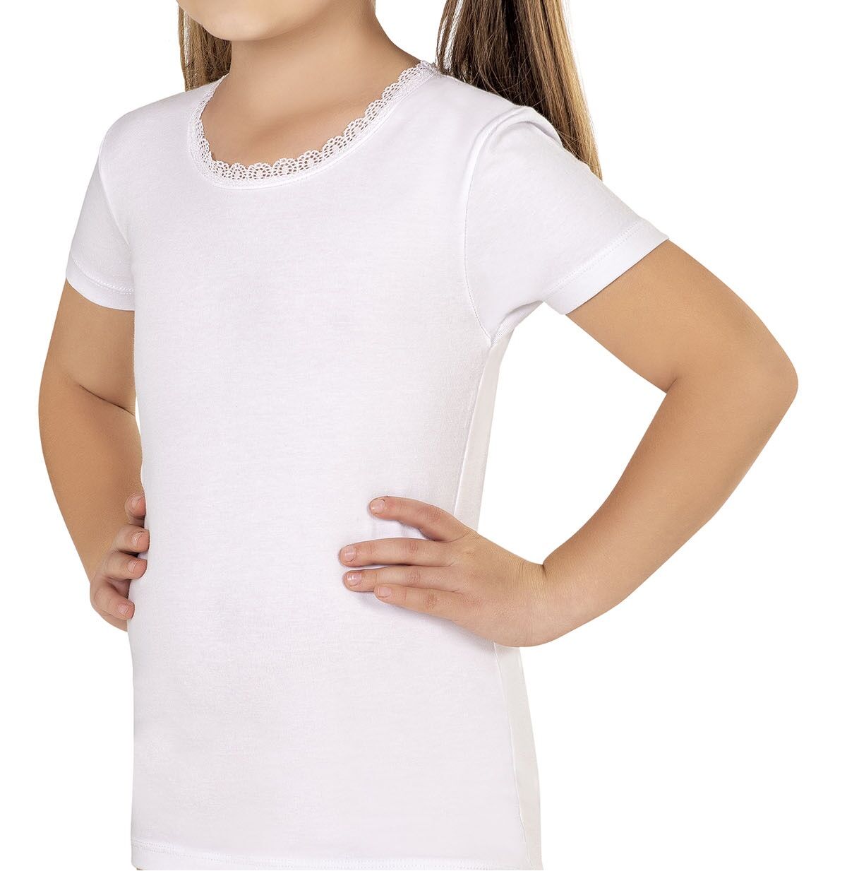 Özkan 42781 3'lü Paket Kız Çocuk Pamuklu Süprem Yakası Dantel Detaylı Esnek Rahat Kısa Kollu Atlet Fanila Tişört