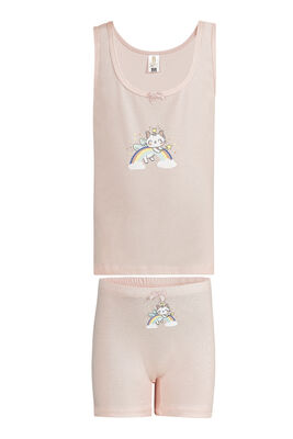 Özkan Underwear - Özkan 43130 Kız Çocuk Pamuklu Pembe Kalın Askılı Atlet Şort İç Giyim Takım