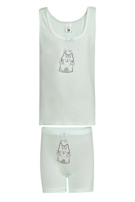 Özkan Underwear - Özkan 43139 Kız Çocuk Pamuklu Yeşil Kalın Askılı Atlet Şort İç Giyim Takım