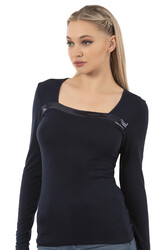 Özkan 7429 Kadın Worteks Viskon Kumaş Esnek Rahat Yakası Pul Nakışlı Uzun Kollu Bluz - Thumbnail