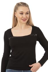 Özkan 7429 Kadın Worteks Viskon Kumaş Esnek Rahat Yakası Pul Nakışlı Uzun Kollu Bluz - Thumbnail