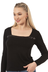 Özkan 7429 Kadın Worteks Viskon Kumaş Esnek Rahat Yakası Pul Nakışlı Uzun Kollu Bluz - Thumbnail