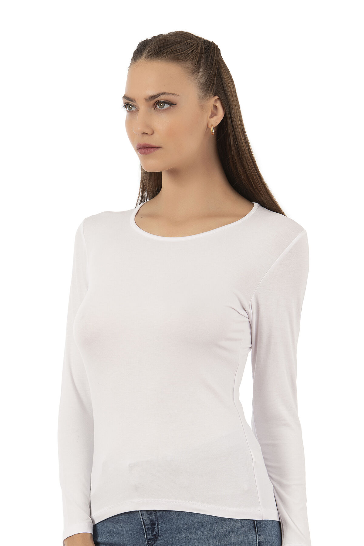 Özkan 7124 Kadın Premium Yumuşak Rahat Kumaş Viskon Bisiklet Yaka Uzun Kollu Örme Bluz