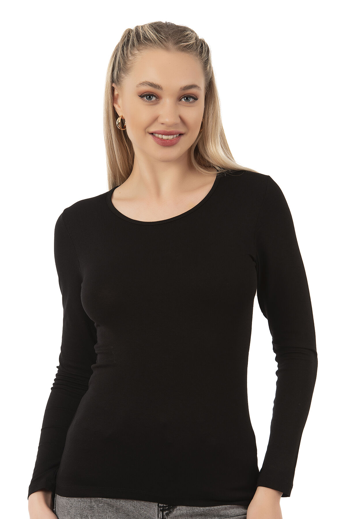 Özkan 7124 Kadın Premium Yumuşak Rahat Kumaş Viskon Bisiklet Yaka Uzun Kollu Örme Bluz