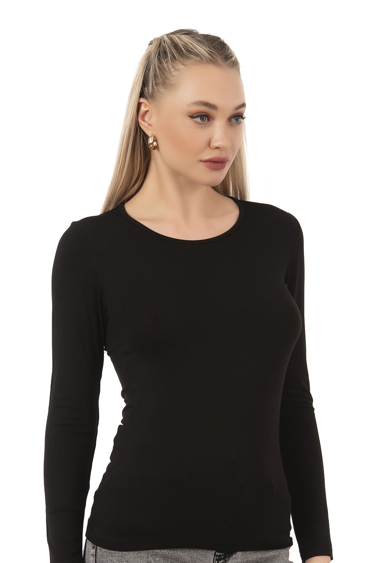 Özkan 7124 Kadın Premium Yumuşak Rahat Kumaş Viskon Bisiklet Yaka Uzun Kollu Örme Bluz