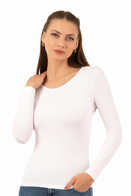 Özkan Underwear - Özkan 7124 Kadın Premium Yumuşak Rahat Kumaş Viskon Bisiklet Yaka Uzun Kollu Örme Bluz