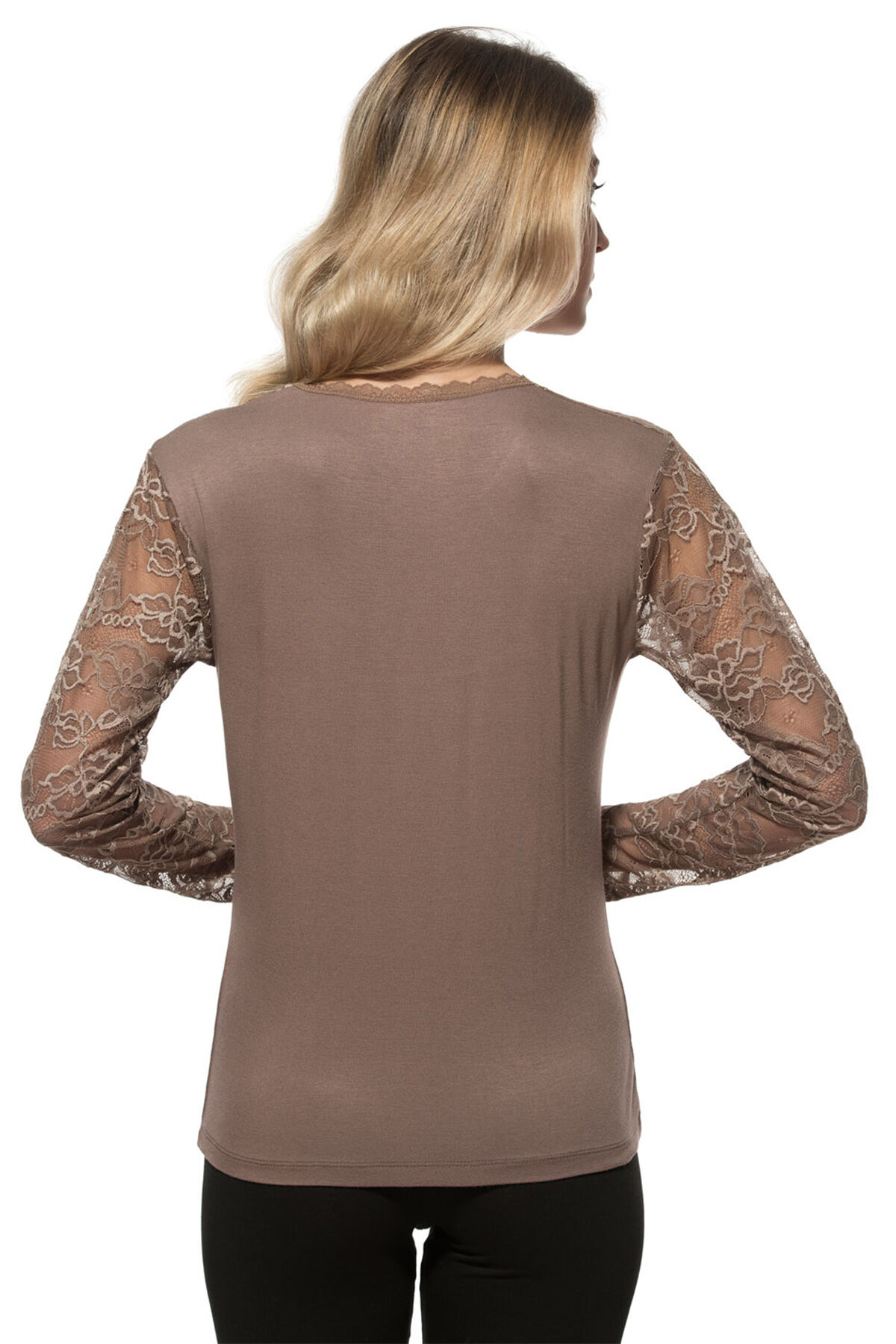 Özkan 7428 Kadın Viskon Lez Dantel Uzun Kollu Esnek Rahat Yuvarlak Yaka Bluz
