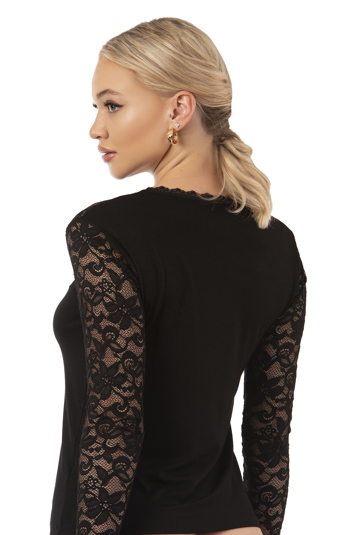 Özkan 7428 Kadın Viskon Lez Dantel Uzun Kollu Esnek Rahat Yuvarlak Yaka Bluz
