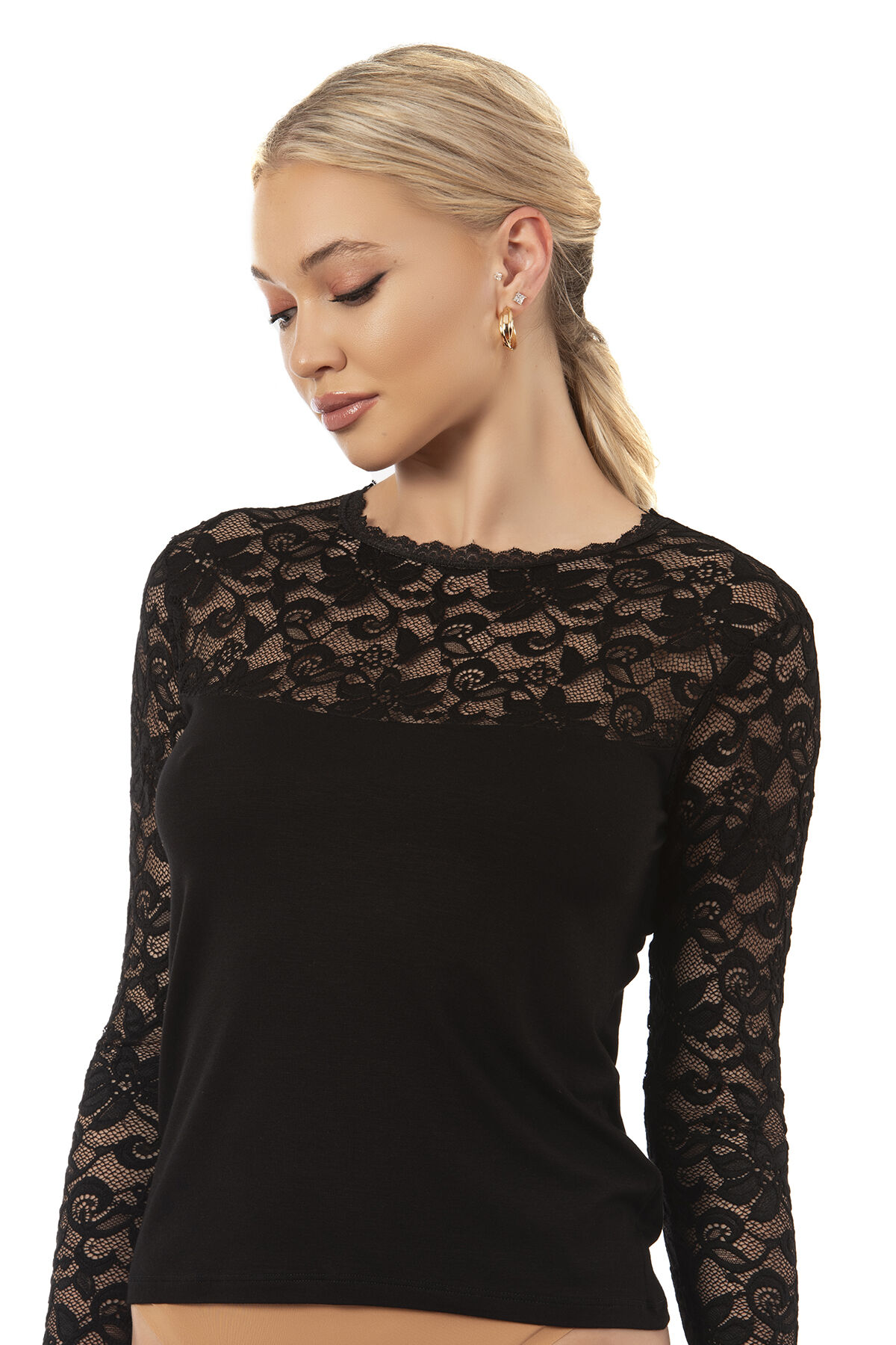 Özkan 7428 Kadın Viskon Lez Dantel Uzun Kollu Esnek Rahat Yuvarlak Yaka Bluz