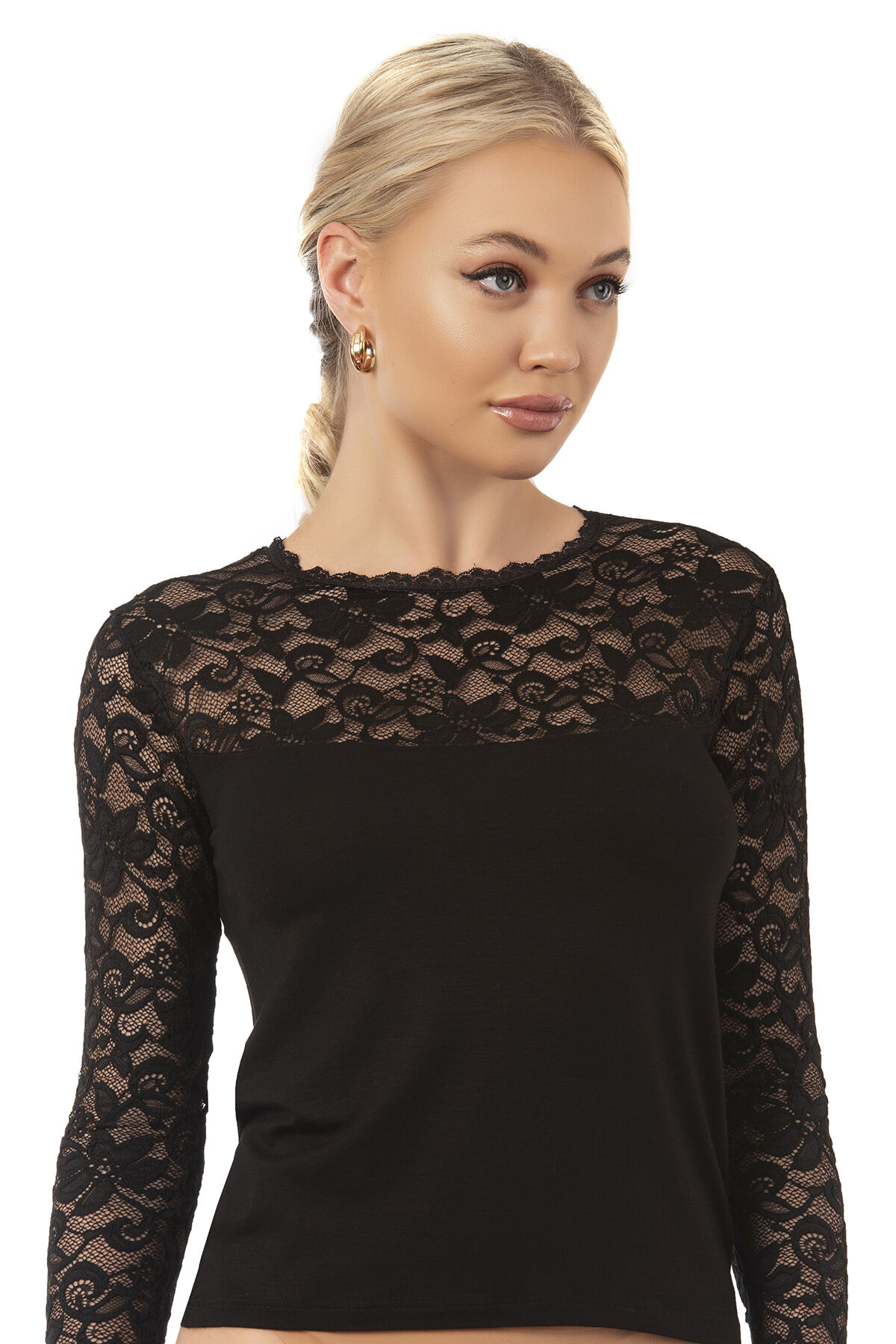 Özkan 7428 Kadın Viskon Lez Dantel Uzun Kollu Esnek Rahat Yuvarlak Yaka Bluz