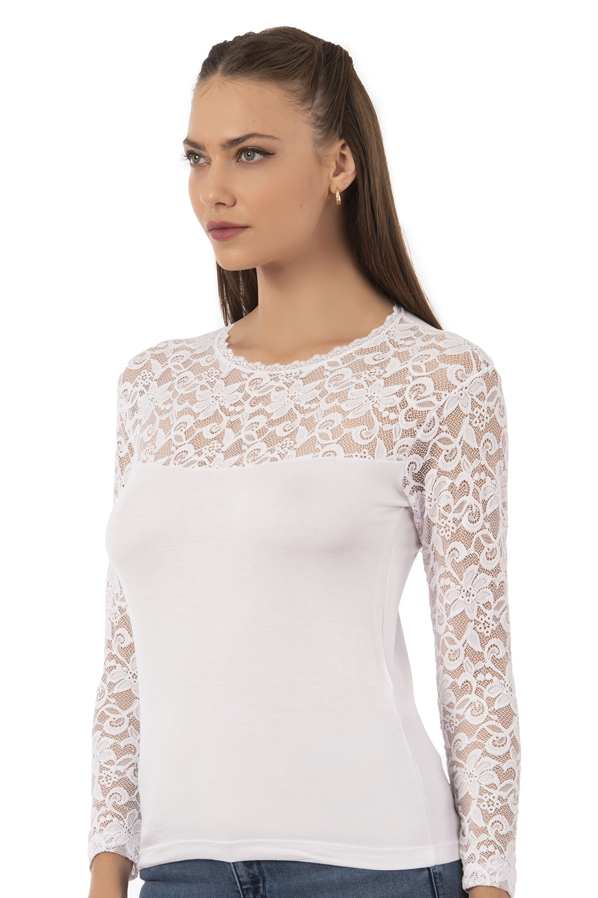 Özkan 7428 Kadın Viskon Lez Dantel Uzun Kollu Esnek Rahat Yuvarlak Yaka Bluz