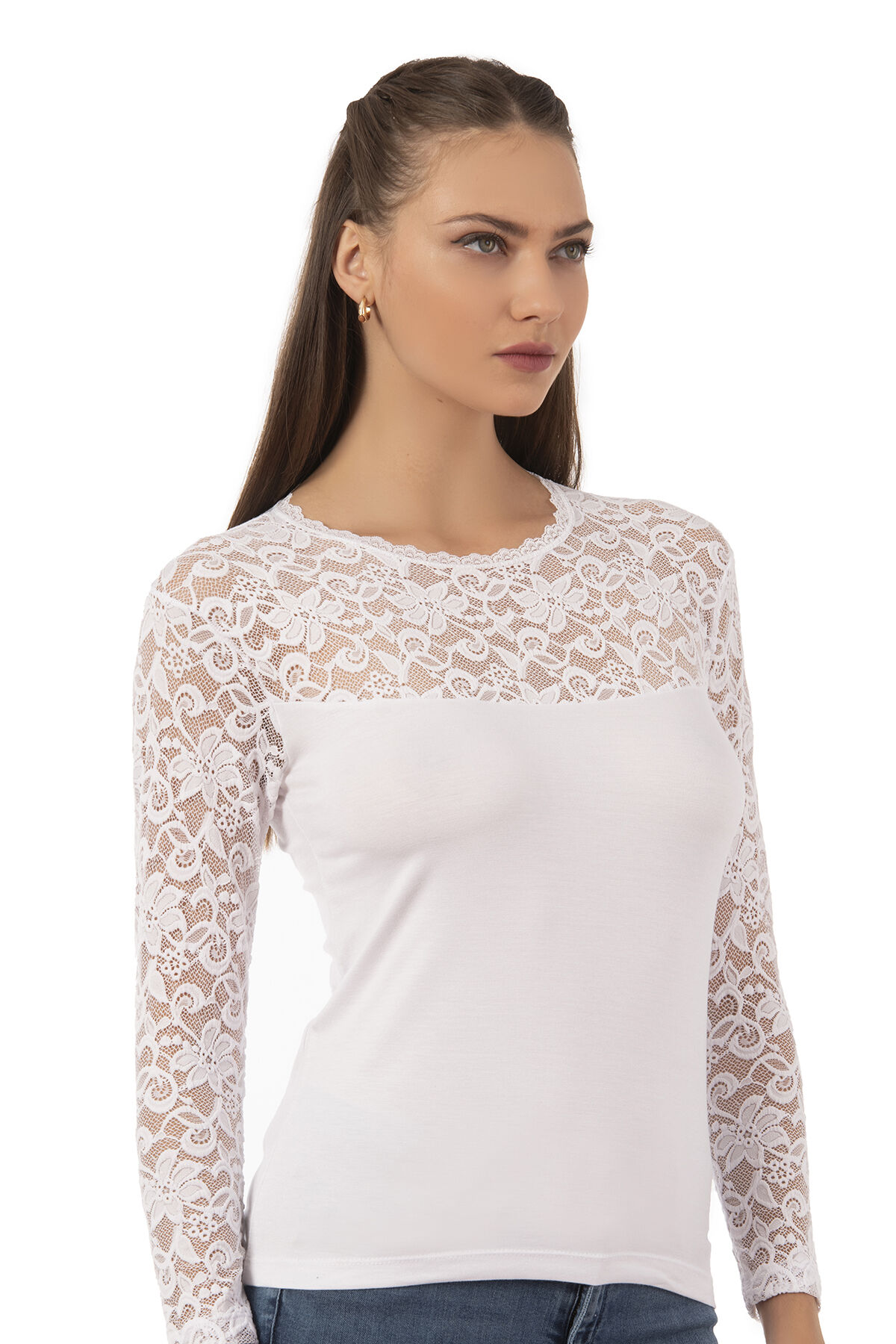 Özkan 7428 Kadın Viskon Lez Dantel Uzun Kollu Esnek Rahat Yuvarlak Yaka Bluz