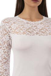 Özkan 7428 Kadın Viskon Lez Dantel Uzun Kollu Esnek Rahat Yuvarlak Yaka Bluz - Thumbnail