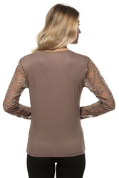 Özkan 7428 Kadın Viskon Lez Dantel Uzun Kollu Esnek Rahat Yuvarlak Yaka Bluz - Thumbnail