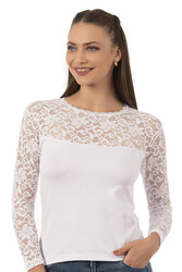 Özkan 7428 Kadın Viskon Lez Dantel Uzun Kollu Esnek Rahat Yuvarlak Yaka Bluz - Thumbnail