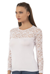 Özkan 7428 Kadın Viskon Lez Dantel Uzun Kollu Esnek Rahat Yuvarlak Yaka Bluz - Thumbnail