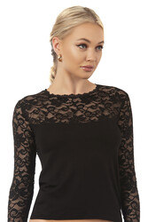 Özkan 7428 Kadın Viskon Lez Dantel Uzun Kollu Esnek Rahat Yuvarlak Yaka Bluz - Thumbnail