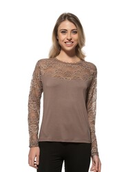 Özkan 7428 Kadın Viskon Lez Dantel Uzun Kollu Esnek Rahat Yuvarlak Yaka Bluz - Thumbnail