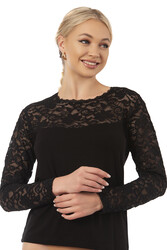 Özkan 7428 Kadın Viskon Lez Dantel Uzun Kollu Esnek Rahat Yuvarlak Yaka Bluz - Thumbnail