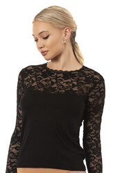 Özkan 7428 Kadın Viskon Lez Dantel Uzun Kollu Esnek Rahat Yuvarlak Yaka Bluz - Thumbnail