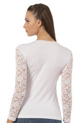 Özkan 7428 Kadın Viskon Lez Dantel Uzun Kollu Esnek Rahat Yuvarlak Yaka Bluz - Thumbnail