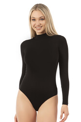 Özkan 0614 Kadın Penye Likralı Pamuklu Balıkçı Dik Yaka Uzun Kollu Kancalı Çıtçıtlı Örme Body - Thumbnail