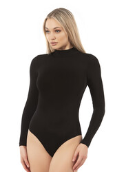 Özkan 0614 Kadın Penye Likralı Pamuklu Balıkçı Dik Yaka Uzun Kollu Kancalı Çıtçıtlı Örme Body - Thumbnail