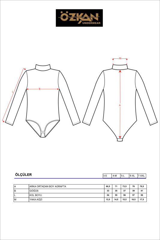 Özkan 0614 Kadın Penye Likralı Pamuklu Balıkçı Dik Yaka Uzun Kollu Kancalı Çıtçıtlı Örme Body - 9