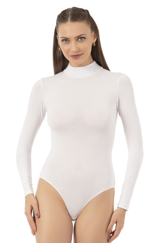 Özkan 0614 Kadın Penye Likralı Pamuklu Balıkçı Dik Yaka Uzun Kollu Kancalı Çıtçıtlı Örme Body - 10