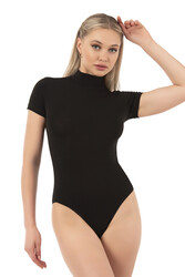 Özkan 0627 Kadın Pamuklu Likralı Penye Dik Yaka Kısa Kollu Kancalı Çıtçıtlı Body - Thumbnail