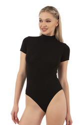 Özkan 0627 Kadın Pamuklu Likralı Penye Dik Yaka Kısa Kollu Kancalı Çıtçıtlı Body - Thumbnail