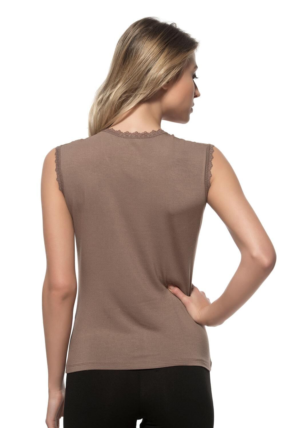 Özkan 7365 Kadın Premium Yumuşak Rahat Kumaş Viskon Dantel Detaylı Sıfır Kol Örme Bluz