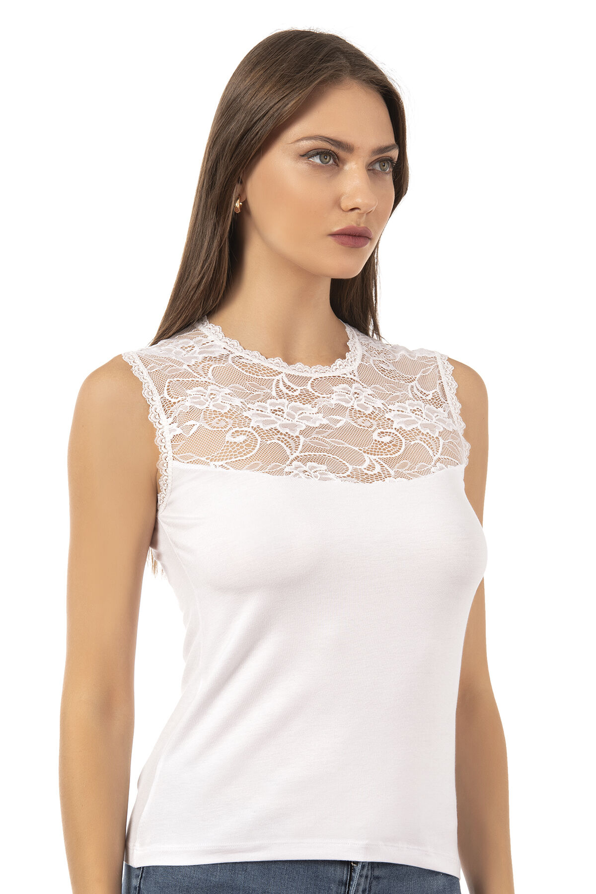 Özkan 7365 Kadın Premium Yumuşak Rahat Kumaş Viskon Dantel Detaylı Sıfır Kol Örme Bluz