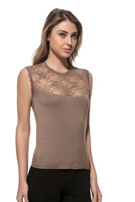 Özkan Underwear - Özkan 7365 Kadın Premium Yumuşak Rahat Kumaş Viskon Dantel Detaylı Sıfır Kol Örme Bluz 
