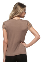 Özkan 7371 Kadın Premium Yumuşak Rahat Kumaş Viskon Dantel Detaylı Kısa Kollu Örme Bluz - Thumbnail