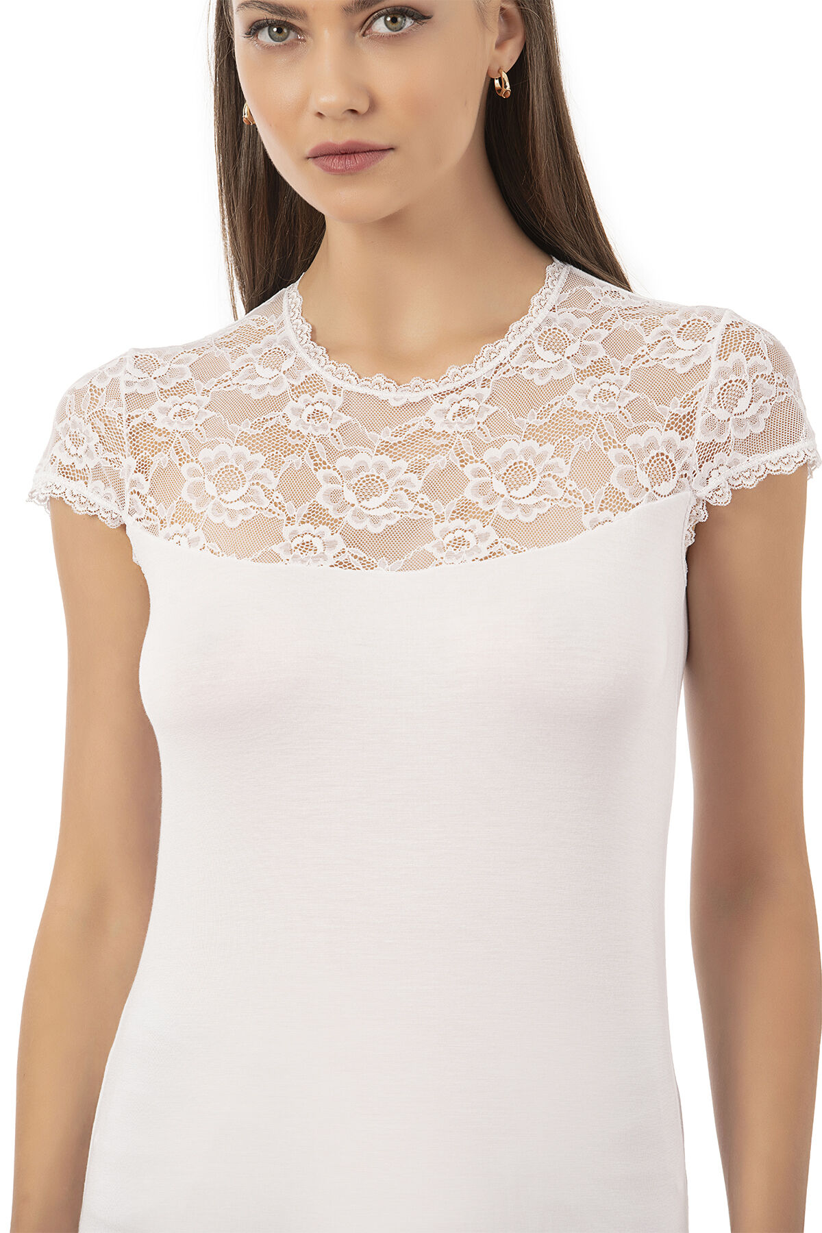 Özkan 7371 Kadın Premium Yumuşak Rahat Kumaş Viskon Dantel Detaylı Kısa Kollu Örme Bluz