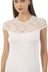 Özkan 7371 Kadın Premium Yumuşak Rahat Kumaş Viskon Dantel Detaylı Kısa Kollu Örme Bluz - Thumbnail