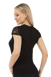 Özkan 7371 Kadın Premium Yumuşak Rahat Kumaş Viskon Dantel Detaylı Kısa Kollu Örme Bluz - Thumbnail