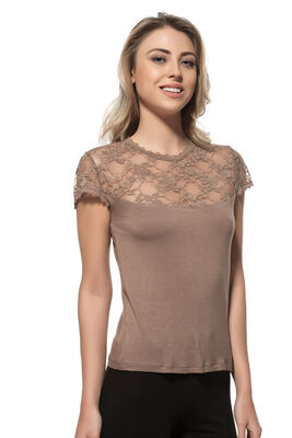 Özkan 7371 Kadın Premium Yumuşak Rahat Kumaş Viskon Dantel Detaylı Kısa Kollu Örme Bluz