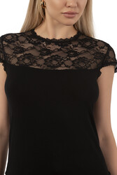 Özkan 7371 Kadın Premium Yumuşak Rahat Kumaş Viskon Dantel Detaylı Kısa Kollu Örme Bluz - Thumbnail