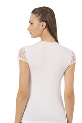 Özkan 7371 Kadın Premium Yumuşak Rahat Kumaş Viskon Dantel Detaylı Kısa Kollu Örme Bluz - Thumbnail